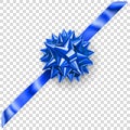 Beautiful blue shiny bow with diagonally ribbon with shadow