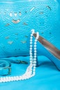 Beautiful blue shoes and handbag, pearls Royalty Free Stock Photo