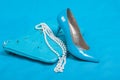 Beautiful blue shoes and handbag, pearls Royalty Free Stock Photo