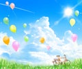 Beautiful blue sky back ground and bicycle and balloons