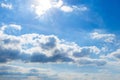 Beautiful blue sky background with cumulus and cirrus clouds at a bright sunny day