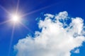 Blue sky with clouds and bright sun with rays Royalty Free Stock Photo