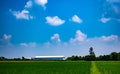 Beautiful blue sky and cloudy sky background over the local factory and rice field in countryside landscape of Thailand. Royalty Free Stock Photo