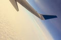 Blue sky with clouds under the wing of an airplane. Royalty Free Stock Photo