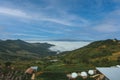 Beautiful blue sky high peak mountains mist fog wildlife green forest at changrai.