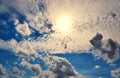 Beautiful blue sky with sun rays and clouds. Sun rays in the background Royalty Free Stock Photo