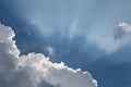 Beautiful blue sky with sun rays emerging behind the clouds Royalty Free Stock Photo