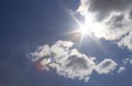 Beautiful blue sky with sunbeams and clouds. Sun rays