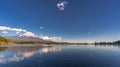 Beautiful blue sky at Tanuki Lake (Tanukiko). Fuji mountain reflections, first snow in autumn season. Japan Royalty Free Stock Photo