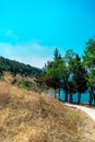 Beautiful blue sky, trees, mountain and trail in UNESCO WHS Ohrid, North Macedonia. August, 2019