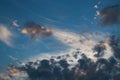 Beautiful blue sky with unusual dark clouds illuminated by the r