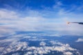 View from the window of airplane, clouds and plane wing