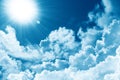 Beautiful blue sky white cloud sunshine. Religion concept heavenly background. Divine heavenly light. Peaceful nature background