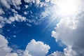 Beautiful Blue Sky with White Cumulus Clouds and Sunbeams Royalty Free Stock Photo