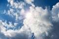 Beautiful Blue Sky with White Cumulus Clouds and Sunbeams Royalty Free Stock Photo