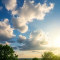 Beautiful blue sky with white fluffy clouds and trees in the foreground at sunset Royalty Free Stock Photo