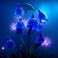 Beautiful blue snowdrop flowers on a dark blue background. Illustration Generative AI