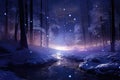 Beautiful blue sparkling night in a winter frozen forest, generated by AI Royalty Free Stock Photo