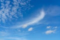 Beautiful blue summer sky and white cirrocumulus clouds background. Cloudscape background. Blue sky and fluffy white clouds on a