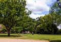 Beautiful blue summer sky with white clouds over green trees Royalty Free Stock Photo