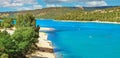 Beautiful blue turquoise verdon valley lake, green hills, sand beach - Lac de sainte croix, Verdon, France