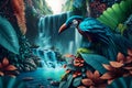 A beautiful blue waterfall in a rainforest with a large multicolored parrot. Colorful landscape with waterfall in lush colors.