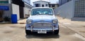 Beautiful Blue and White classic Mini cooper parked on the street or road Royalty Free Stock Photo