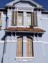 beautiful blue and white house, very old, well maintained