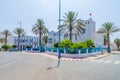 BEautiful blue and white washed buildings at roundabout in Sidi Ifni, Morocco, North Africa