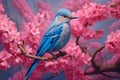 A beautiful blue-winged minla bird resting amidst cherry blossoms. AI