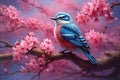 A beautiful blue-winged minla bird resting amidst cherry blossoms. AI