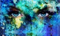 Beautiful blue women eyes beaming, color desert crackle effect, painting collage, artist makeup Royalty Free Stock Photo