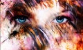 Beautiful blue women eyes beaming, color feathers effect, painting collage, phoenix makeup Royalty Free Stock Photo