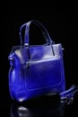 Beautiful blue women`s comfortable bag with large handles. It will look beautiful with any clothes. Royalty Free Stock Photo