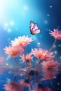 Beautiful blue yellow butterfly in flight and branch of flowering apricot tree in spring at Sunrise on light blue and violet
