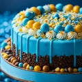 beautiful blue yellow cake for boy birthday party, closeup shot Royalty Free Stock Photo