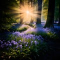 A Beautiful Bluebell woods with sunshine breaking through the trees.