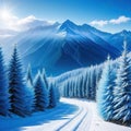 A beautiful bluish winter landscape with snowy trees and a huge mountain in the