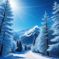 A beautiful bluish winter landscape with snowy trees and a huge mountain in the