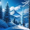 A beautiful bluish winter landscape with snowy trees and a huge mountain in the