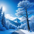 A beautiful bluish winter landscape with snowy trees and a huge mountain in the