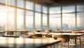 Beautiful Blurred Classroom And Study Room With Panoramic Windows And Lovely Lighting. Empty School Classroom With Chairs And Royalty Free Stock Photo