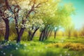 Beautiful blurred spring background nature with bloomin, Generative AI