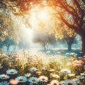 Beautiful blurred spring background nature with blooming glade chamomile, trees and blue sky on a sunny day. Royalty Free Stock Photo