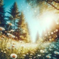 Beautiful blurred spring background nature with blooming glade chamomile, trees and blue sky on a sunny day. Royalty Free Stock Photo