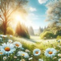 Beautiful blurred spring background nature with blooming glade chamomile, trees and blue sky on a sunny day. Royalty Free Stock Photo