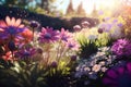 Beautiful blurred spring background nature with blooming glade, spring flowers. generative AI