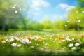 Beautiful blurred spring background nature with blooming glade, trees and blue sky on a sunny day. Royalty Free Stock Photo