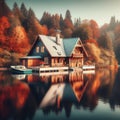 A beautiful boathouse next to a river and a motorboat