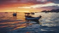 Beautiful Boats floating on water at sunset in front of Seashore. Generative AI